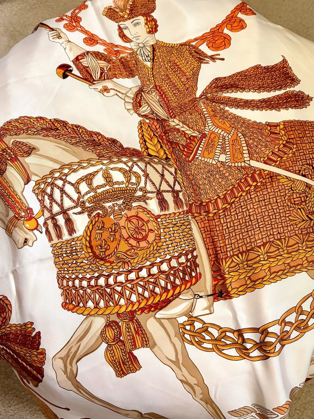 Hermes Gold, White, and Brown Equestrian Silk Scarf Classic